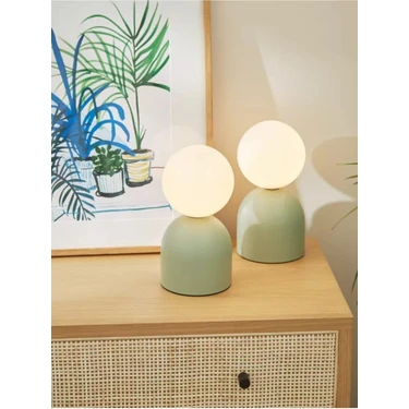 Modern Abajur Mint Green Beyaz Glop Camlı Masa