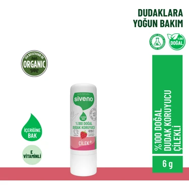 Siveno %100 Doğal Dudak Koruyucu Çilek Bitkisel Lip Balm Dudak Kremi Nemlendirici Parlatıcı Onarıcı