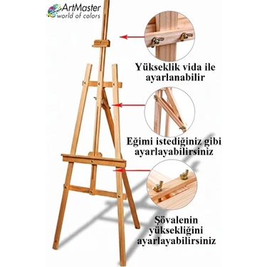ArtMaster Ahşap Şövale 175 cm 1 Adet Ahşap Çam Resim Şovelesi Ressam Sehpası Ayarlanabilir Tuval