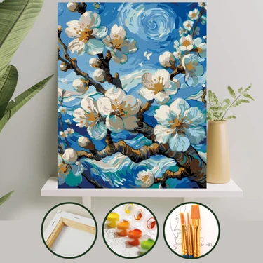 Palmiye Hobi Sanat Bahar Dalı Sayılarla Boyama Tuval Seti Fırça Boya Dahil 40X50