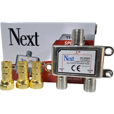 2 Li Splitter Anten Çoklayıcı Uydu Bölücü Next YE-2502A + 3 Adet Gold F