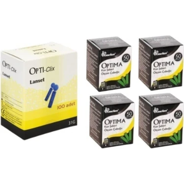 Optima Kan Seker Ölçüm Çubuğu (Strip) 4 Kutu (200adet) + 1 Kutu 100 Adet Parmak Delme