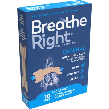 Breathe Right Büyük Boy Burun Bandı - İlaçsız, Anında Nefes Açıcı, Esnek Malzeme, 10'lu