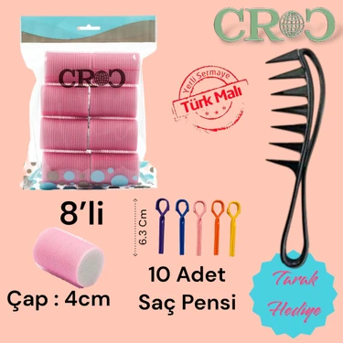 Croc 1207 Cırtlı Sünger Bigudi 8li Çap 4 cm Pembe + 10lu Saç