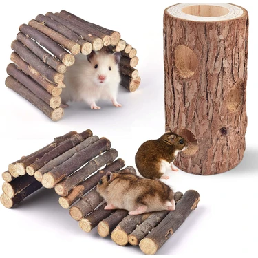 Alyones 3lü Set Doğal Ahşap Merdiven Köprüsü ve Orman Içi Boş Ağaç Gövdesi Hamster Egzersiz