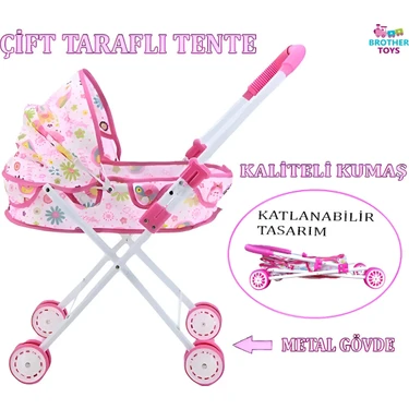Brother Toys Yataklı ve Tenteli Metal Oyuncak Puset Bebek Arabası Beyaz - Pembe Çiçek