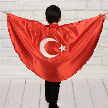 Sedirli Türk Bayrağı Pelerin Gösteri Kostümü Kız-Erkek Ay Yıldız Bayraklı 23 Nisan 2-6 Yaş (M),7-12