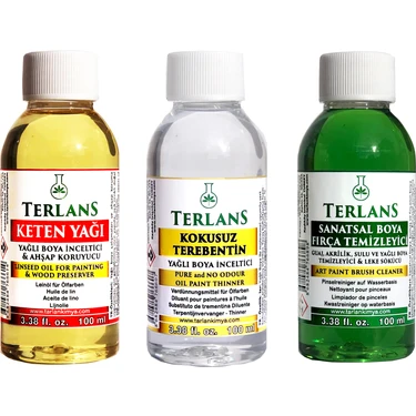TerlanS Yağlı Boya Yardımcı Malzemeler Seti 3 x 100 ml Kokusuz Terebentin Keten Yağı Fırça