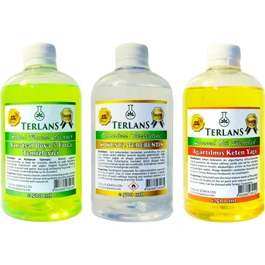 Terlans Yağlı Boya Seti Yardımcı Malzemeler 3 x 500 ml Kokusuz Terebentin Boya Temizleyici Keten