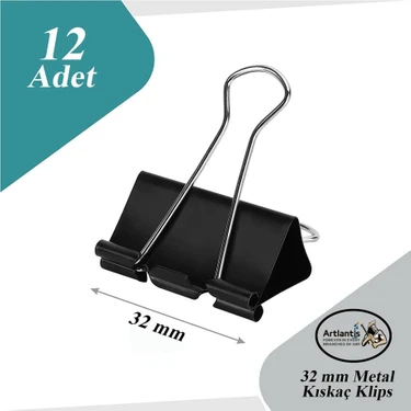 Artlantis Çelik Kıskaç Klips 32 mm 12 Adet 1 Paket Metal Mandal Binder Clips Kıska 150 Sayfa