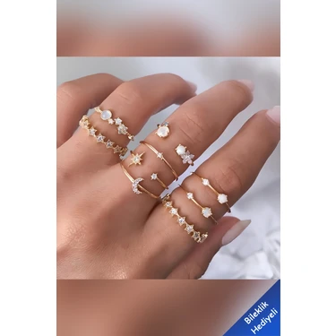 9'lu Kombin Eklem Gold Taşlı Yüzük