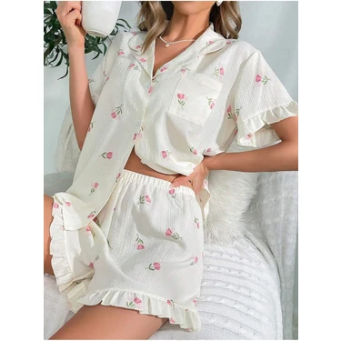 Bella Notte Çiçek Baskılı Fırfırlı Pijama