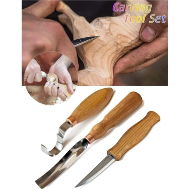 Depolife Ahşap Oyma Bıçak Alet Seti Kaşık Kuksa Oval Düz Oyma Yontma Bıçağı 3 Parçalı
