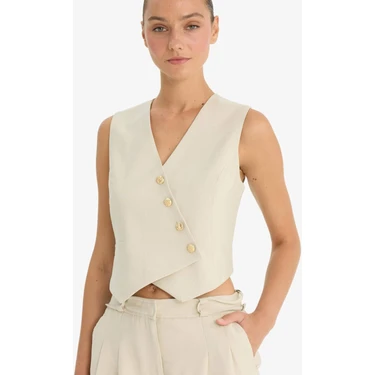 DeFacto Regular Fit V Yaka Çapraz Düğmeli Tencel Blazer Yelek