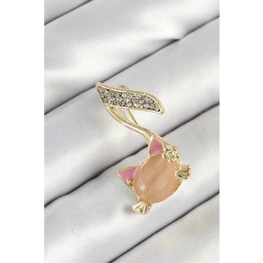 Pileli Store Zirkon Taşlı 3D Kedi Detaylı Nota Figürlü Gold Renk Kadın