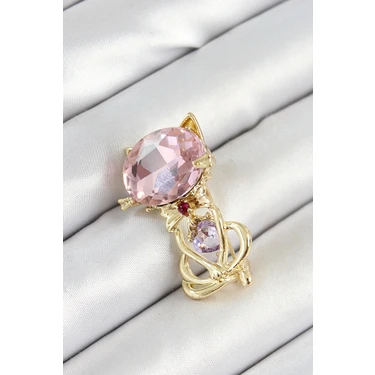Pileli Store Pembe Zirkon Taşlı Kap Detaylı Kedi Figürlü Gold Renk Kadın
