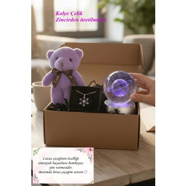 Lapidaria Ayıcık, Lotus Kamelya Çiçeği Kolye ve Satürn Temalı Işıklı  Dolunay 3D LED Işıklı Cam