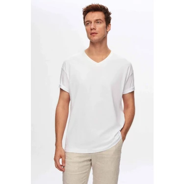 Beyaz V Yaka %100 Pamuk T-shirt
