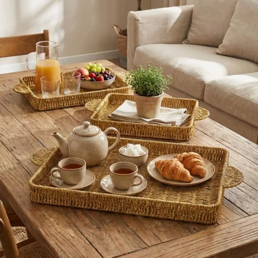 Uravas Store® Iç Içe Geçebilen 3’lü Dikdörtgen Plastik Rattan Tepsi Seti–hasır Görünümlü Çok