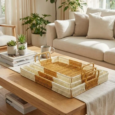 Uravas Store® Iç Içe Geçebilen 3’lü Dikdörtgen Plastik Rattan Tepsi Seti–çift Renkli Hasır