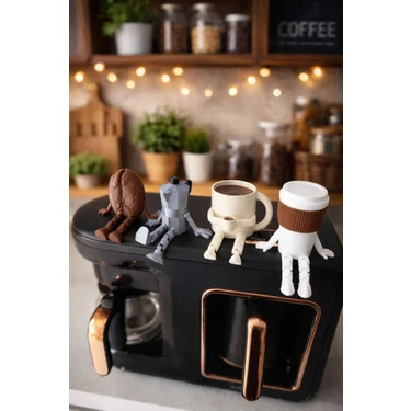 nextprintx Sevimli Kahve Köşesi Biblo Seti - 4 Parça Kahve Seti - Moka Pot - Kahve Bardağı -