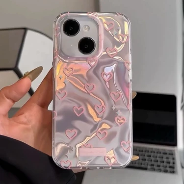 Zebana Apple iPhone 13 Uyumlu Kılıf Zebana Pink Heart Silikon Kılıf