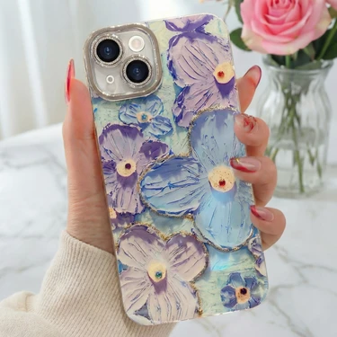 Fibaks Apple iPhone 13 Kılıf Renk Değiştiren Taşlı Kamera Lens Korumalı Mavi Çiçek Desenli Darbe
