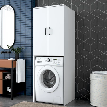 Rani KD110 Çamaşır Makinesi Dolabı 2 Kapaklı 2 Raflı Banyo Dolabı