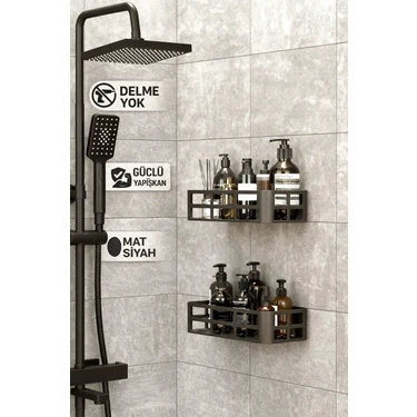 Deyhome 2li Set Banyo Duş Rafı Şampuanlık Sabunluk Siyah Yapışkanlı Duş Organizer Suya Dayanıklı