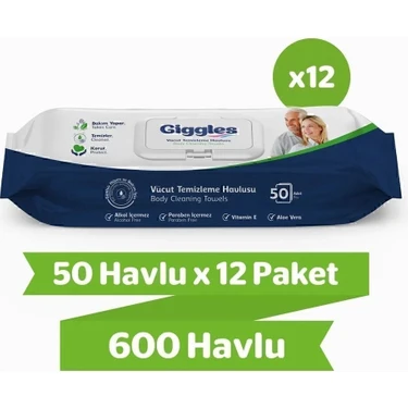 Giggles Vücut Temizleme Havlusu 50'li 12 Paket 600
