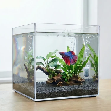 Melkan Home Premium Kristal Küp Nano Akvaryum & Beta Fanusu 20X20X20 cm 7 Litre - Karides ve Balık