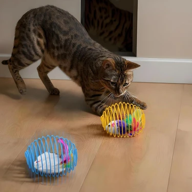 Bak Gel Al Kedi Oyuncağı Spiral Tel Top & Içinde Peluş Fare – Hareketli Zıplayan Kedi Topu, Avcılık