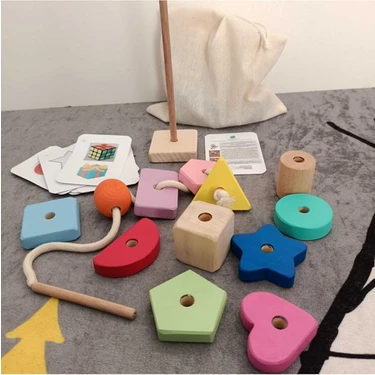 Moccotoys Montessori Giz Torbası ve Ip Geçir Geometrik Şekiller Ikili Eğitici Kartlı
