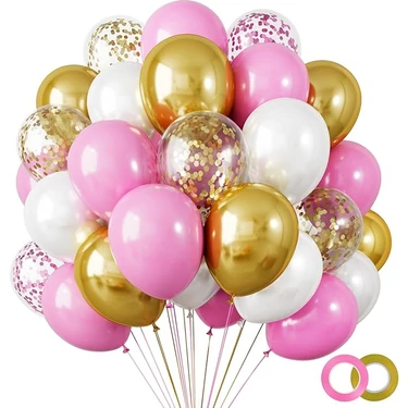 Balon Diyarı  10 adet Pembe-Beyaz Krom Gold- şeffaf Konfetili Kaliteli balon
