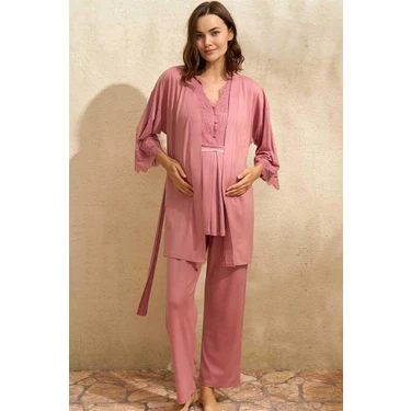 Toyigoo Ieg™ Sıfır Kol V Yaka Kadın Viskon Düz Yazlık Uzun Dantel Detaylı Hamile Pijama Takımı