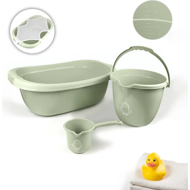 Meleni Baby 3'lü Set - Bebek Yıkama Banyo Küveti, Desenli Su Kovası, Maşrapa, Yeşil - Yıkama Filesi