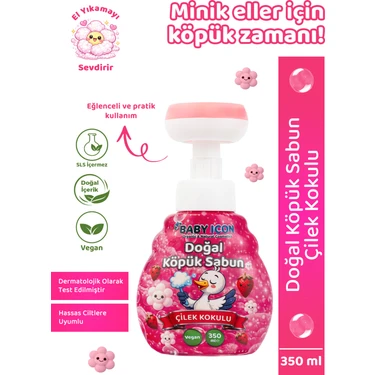 Baby Icon Doğal Çocuk Köpük El Sabunu 350 ml – Çilek Kokulu Vegan Parabensiz  Çiçek Şekilli Pembe