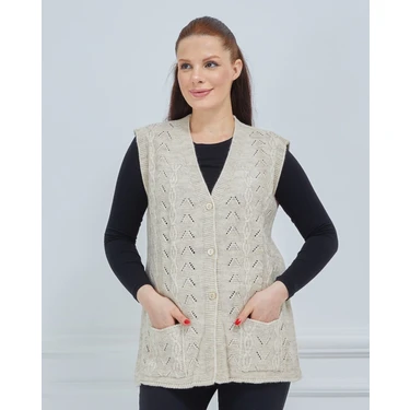 Fresh Moda Kadın V Yaka Zincir Örgü Cepli Yün Anne Triko