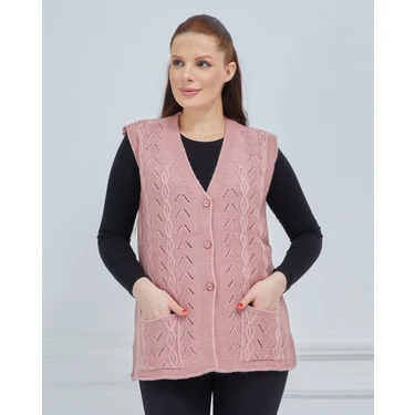 Fresh Moda Kadın V Yaka Zincir Örgü Cepli Yün Anne Triko