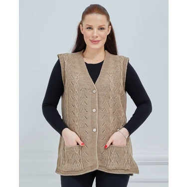 Fresh Moda Kadın V Yaka Zincir Örgü Cepli Yün Anne Triko