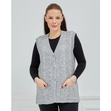 Fresh Moda Kadın V Yaka Zincir Örgü Cepli Yün Anne Triko