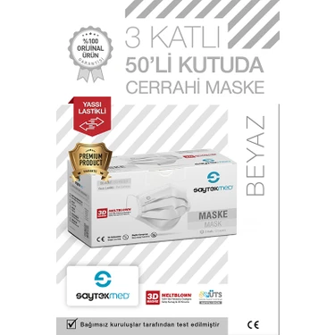 Saytekmed Yassı Lastikli, Meltblown Filtreli 3 Katlı Beyaz Cerrahi Maske (50 Adet/1