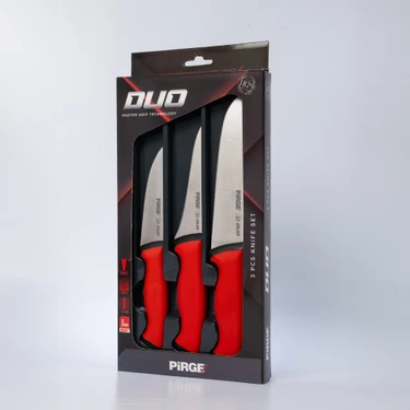 Pirge Duo Profesyonel Kasap Bıçak Seti - Yüksek Karbon Çelik, 3'lü Et Kesme ve Sıyırma, Kırmızı