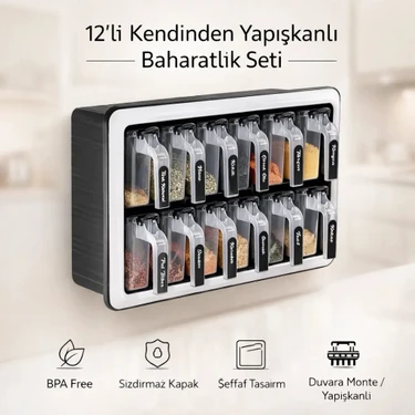Eba Home Standlı 12 Li Kendinden Yapışkanlı Kaşıklı Kapaklı Baharatlık Takımı-Etiketli Kulplu