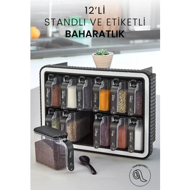 12'li Standlı Kendinden Yapışkanlı Kaşıklı Baharatlık Takımı - Etiketli Kapaklı Baharatlık