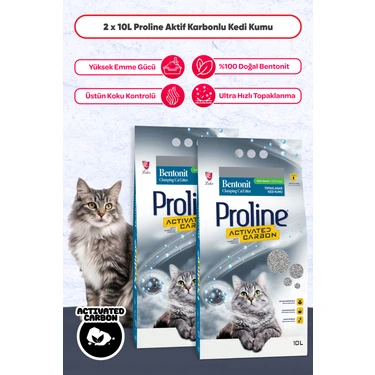 Proline Aktif Karbonlu Topaklanan Kedi Kumu 10 L x 2 Yüksek Emme Gücü ve Üstün Koku