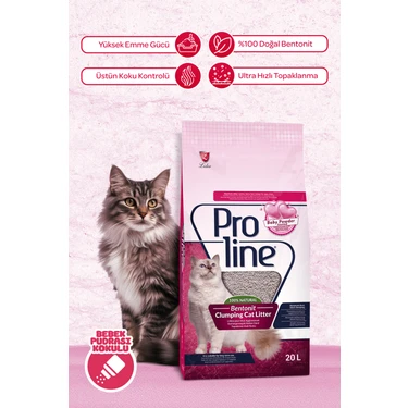 Proline Bebek Pudralı Kokulu Bentonit Topaklanan Kedi Kumu 20 L Yüksek Emme Gücü ve Ultra Hızlı