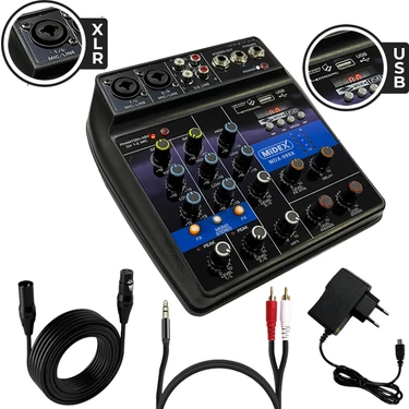 Midex MDX-999X Stüdyo Kayıt İçin Ses Kartlı +48V Phantomlu Kayıt Mikseri ( XLR Kablo + Rca