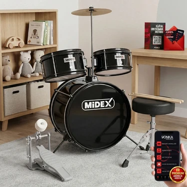 Midex CD300X-BK Akustik Çocuk Baterisi Davulu Seti 5-14 Yaş Için Full