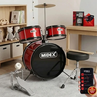 Midex CD300X-RD Akustik Çocuk Baterisi Davulu Seti 5-14 Yaş Için Full